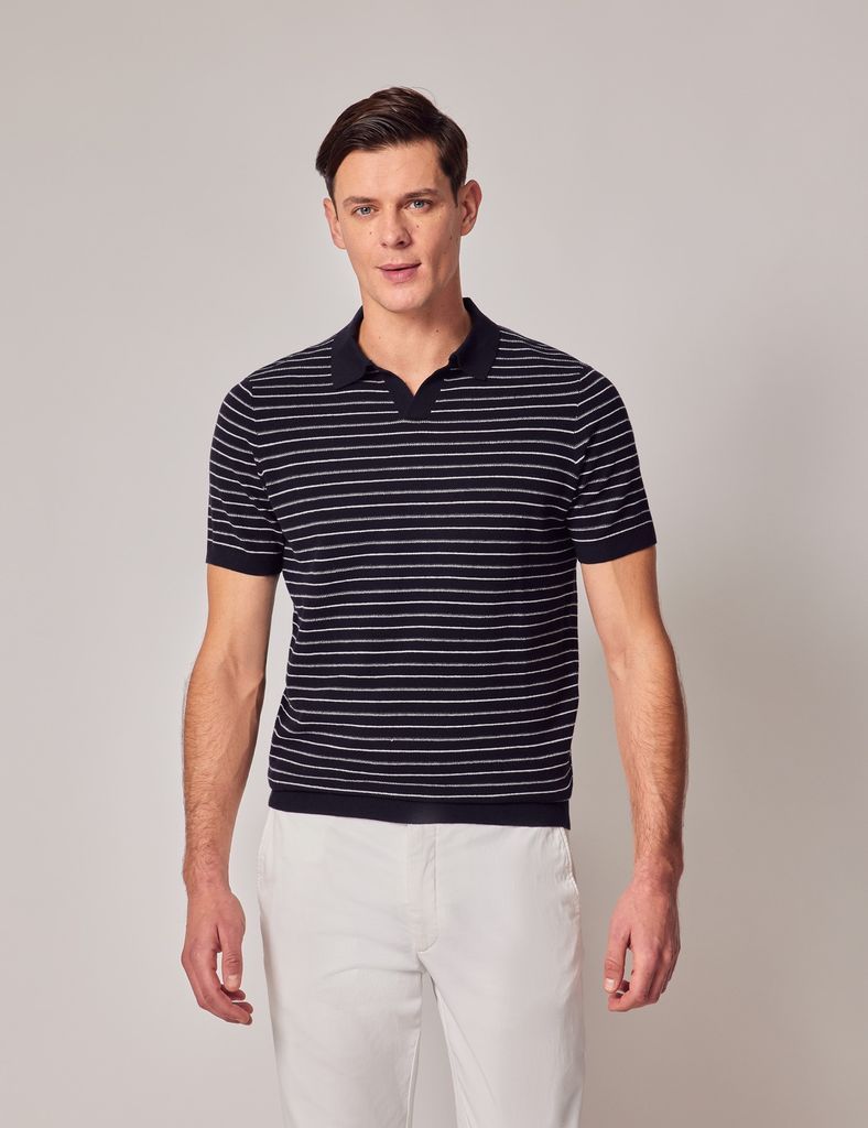 Navy Knitted Stripe Polo