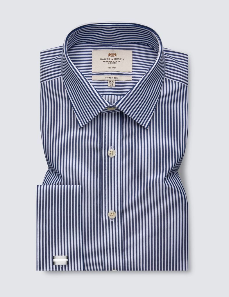 Non-Iron Navy & White Stripe Fitted Slim Shirt - Double Cuffs