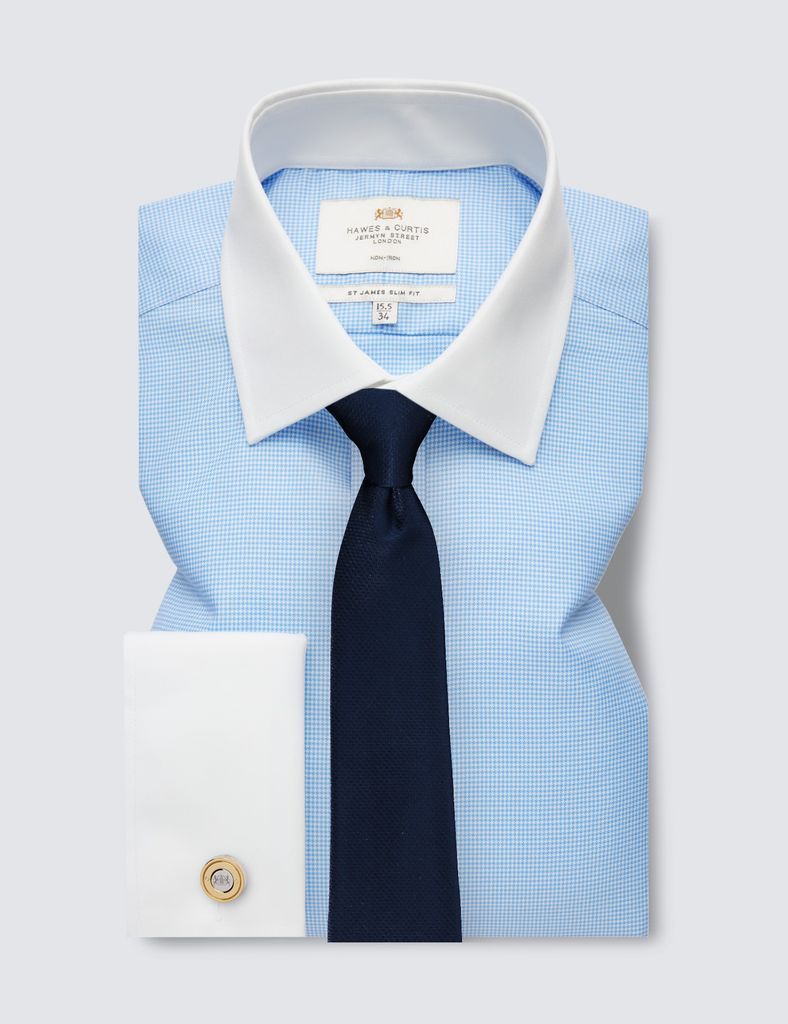 Non-Iron Blue & White Dogtooth Slim Fit Shirt With White Collar and Cuffs