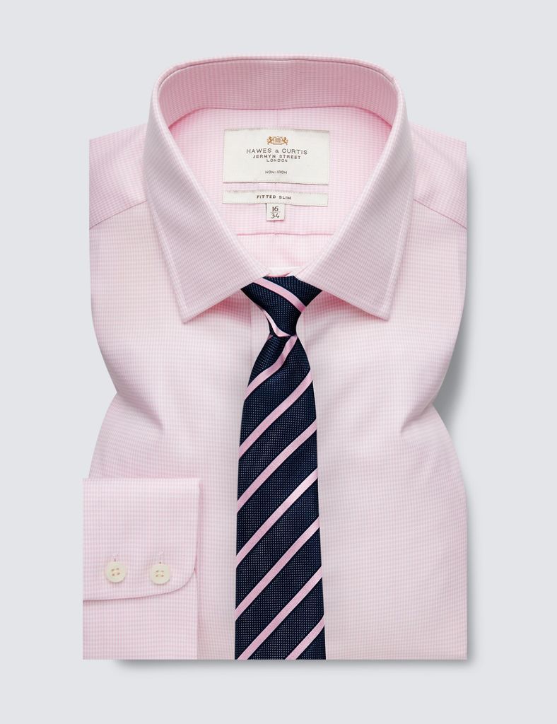 Non-Iron Pink & White Dogtooth Fitted Slim Shirt