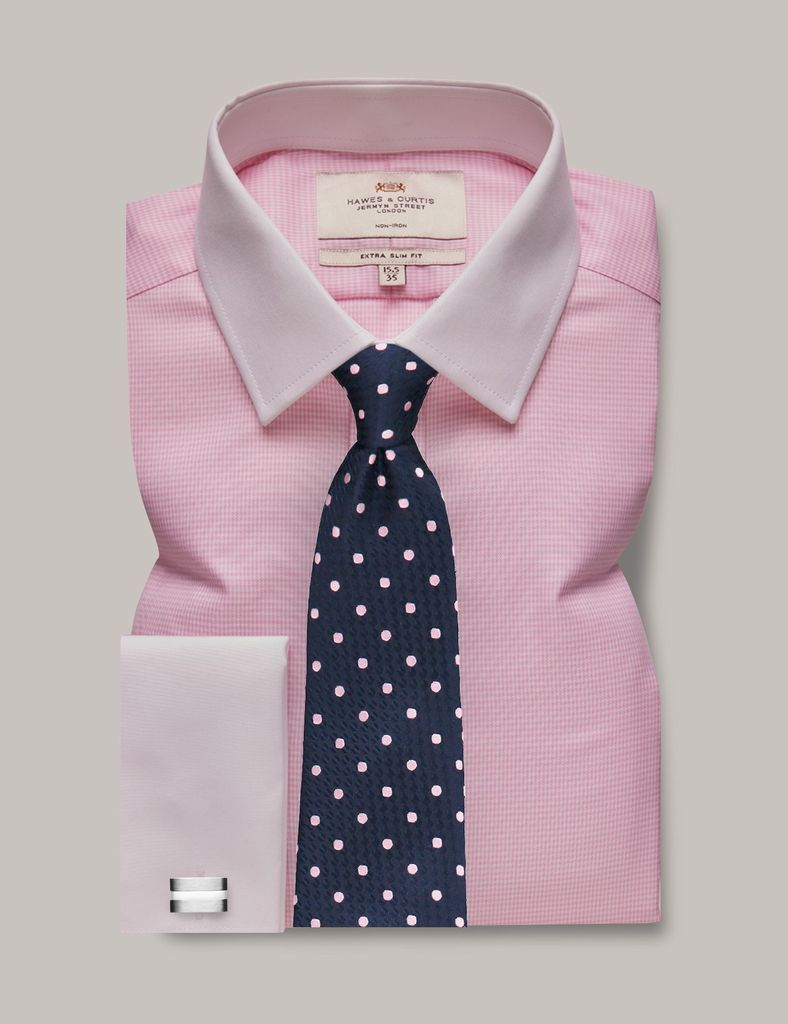 Non-Iron Pink & White Dogtooth Extra Slim Shirt with White Collar & Cuffs