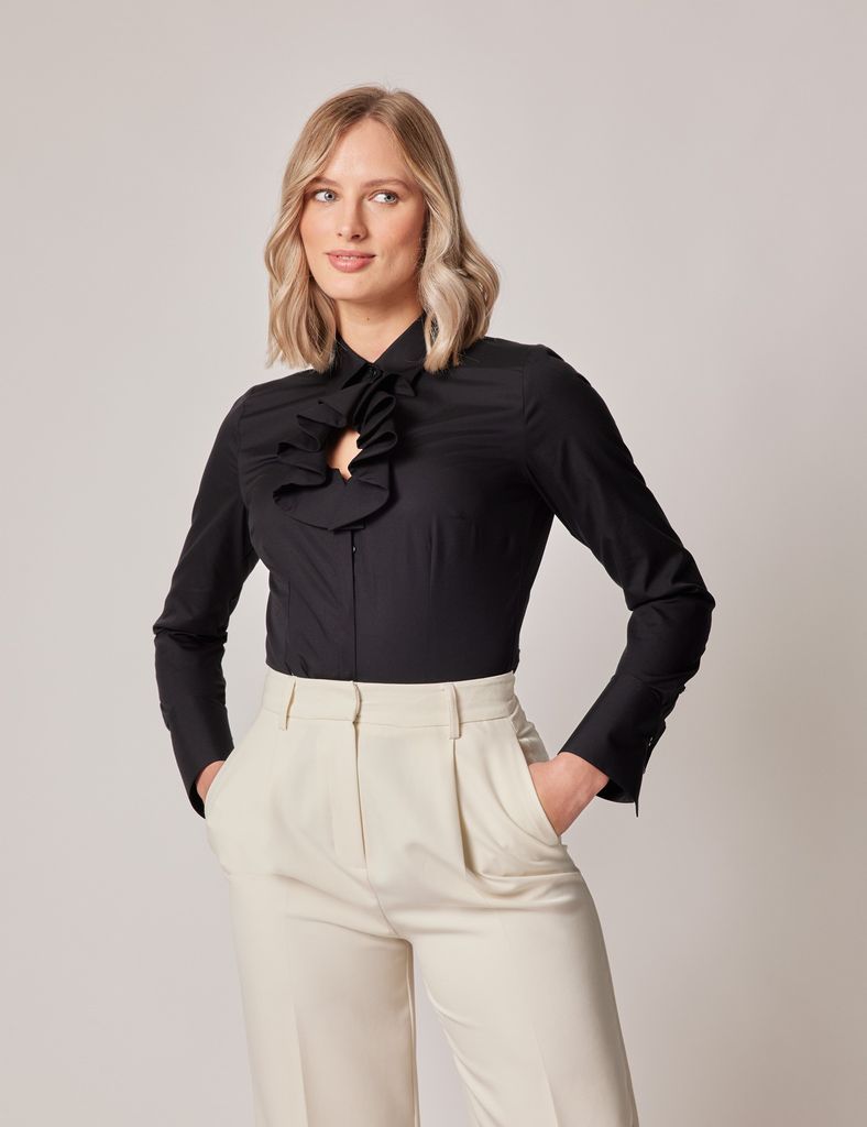 Black Frilled Collar Cotton Boutique Shirt