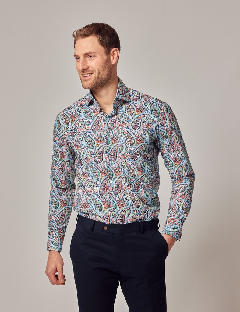 Blue & Orange Paisley Slim Shirt - High Collar