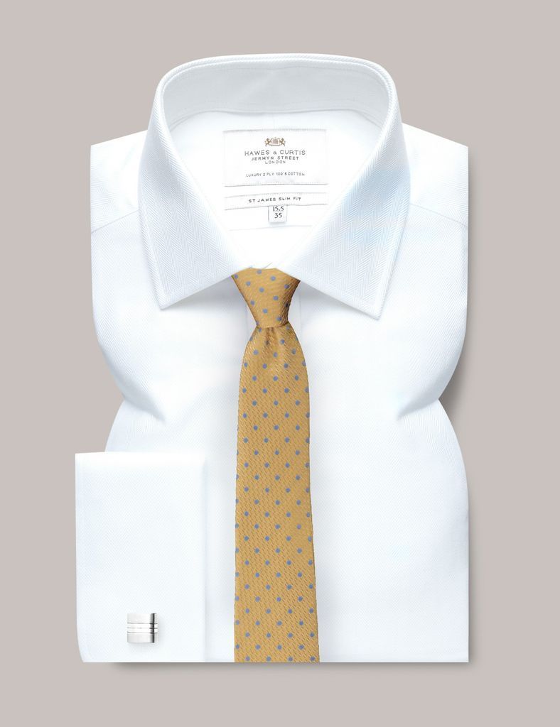 White Herringbone Slim Shirt - Double Cuff