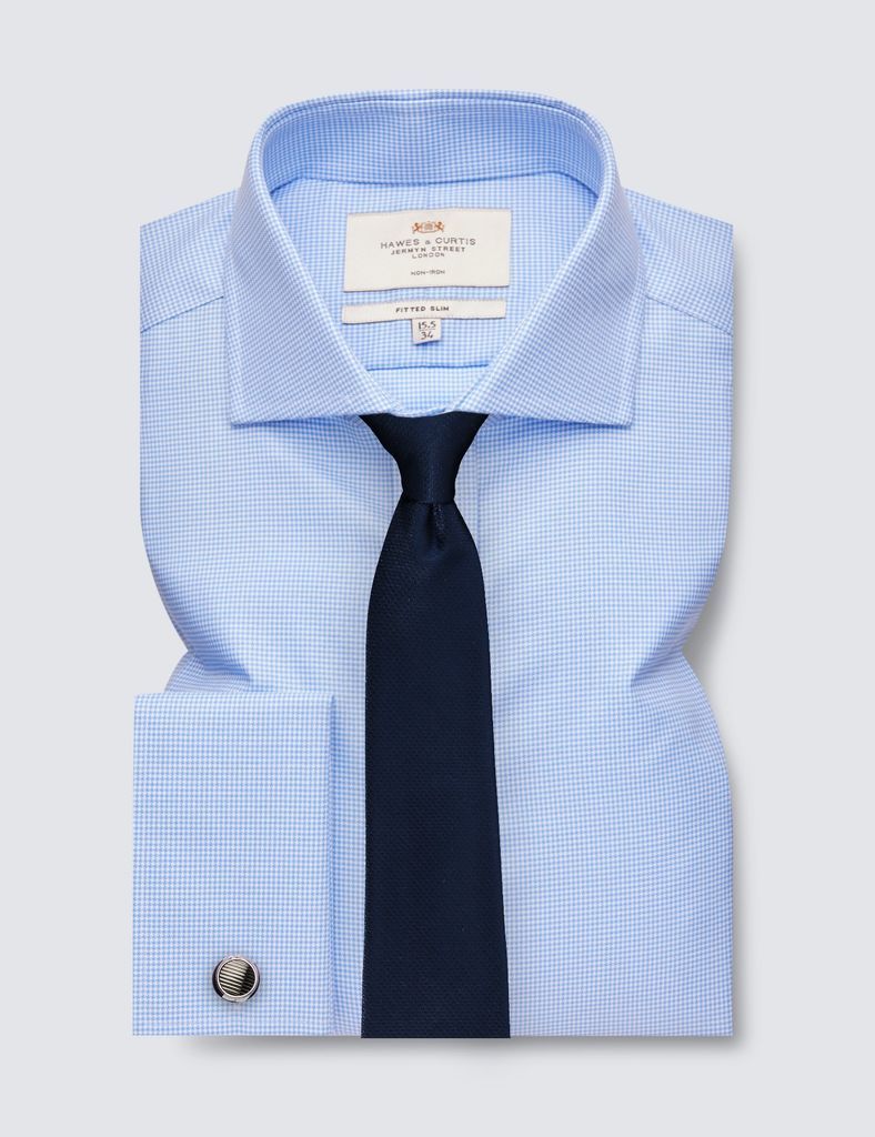 Non-Iron Blue & White Fitted Slim Shirt - Windsor Collar - Double Cuff
