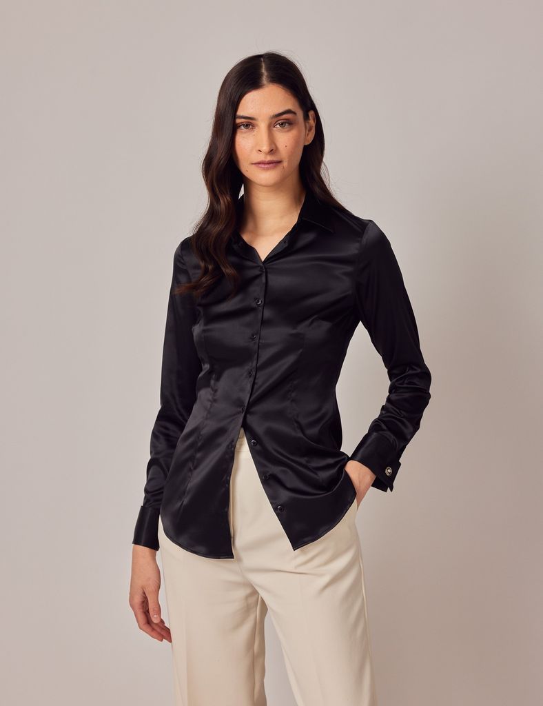 Black Fitted Satin Shirt - Double Cuff