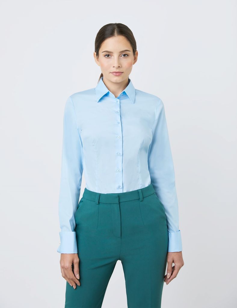Ice Blue Fitted Cotton Stretch Shirt - Double Cuff