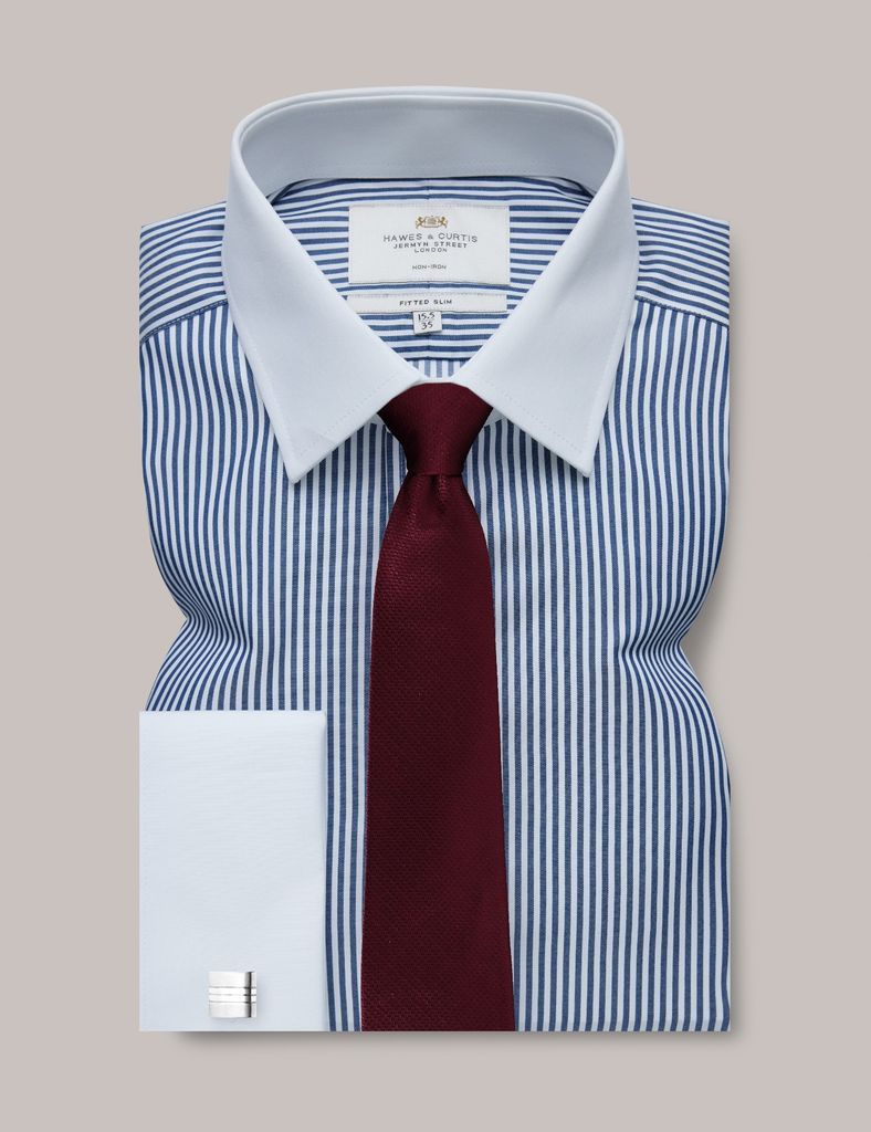 Non-Iron Navy & White Bengal Stripe Fitted Slim Shirt With White Collar - Double Cuff