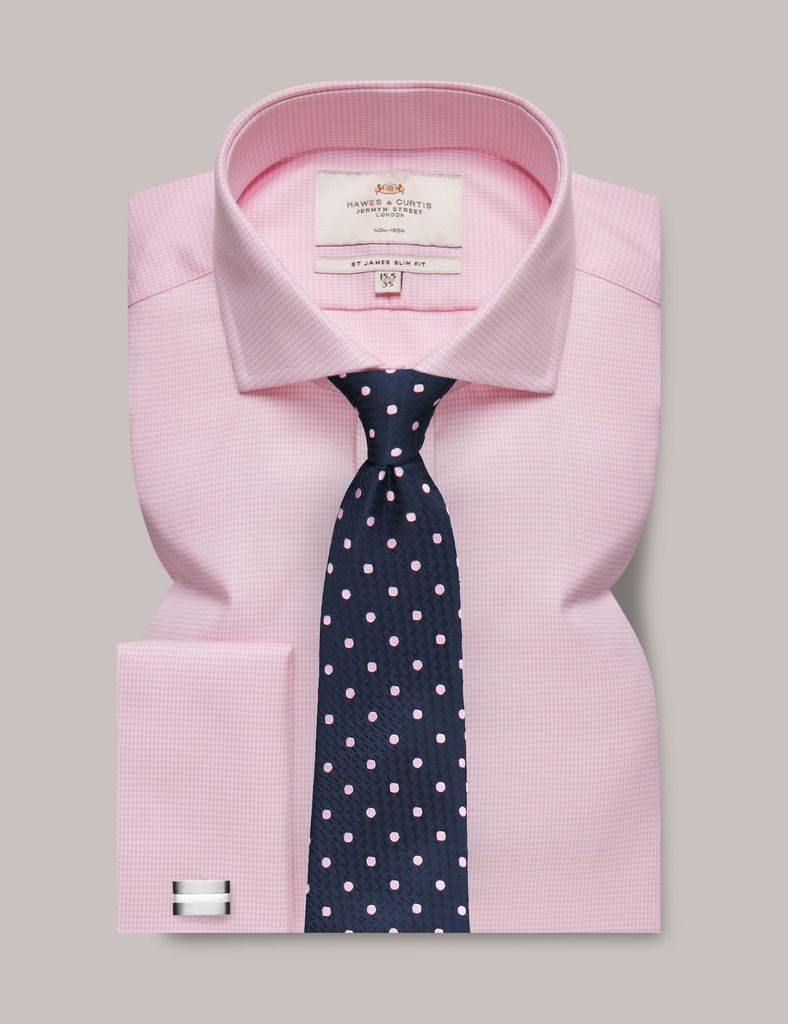 Non-Iron Pink & White Dogtooth Slim Fit Shirt with Windsor Collar - Double Cuff