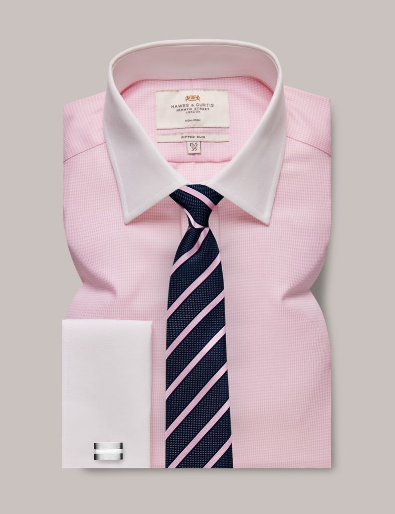 Non-Iron Pink & White Dogtooth Fitted Slim Shirt With White Collar & Cuffs