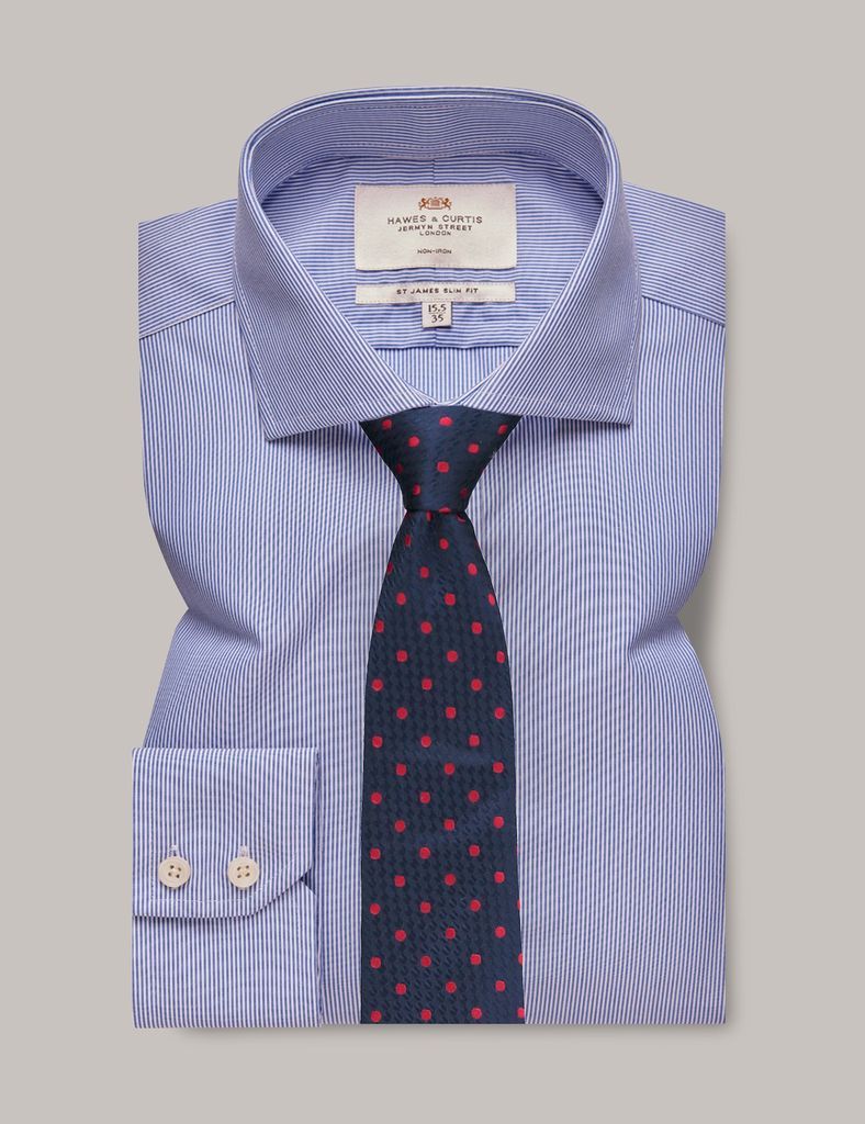Non-Iron Blue & White Fine Stripe Slim Shirt - Windsor Collar