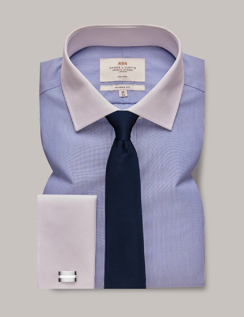 Non-Iron Blue & White Stripe Classic Shirt With White Collar & Double Cuff