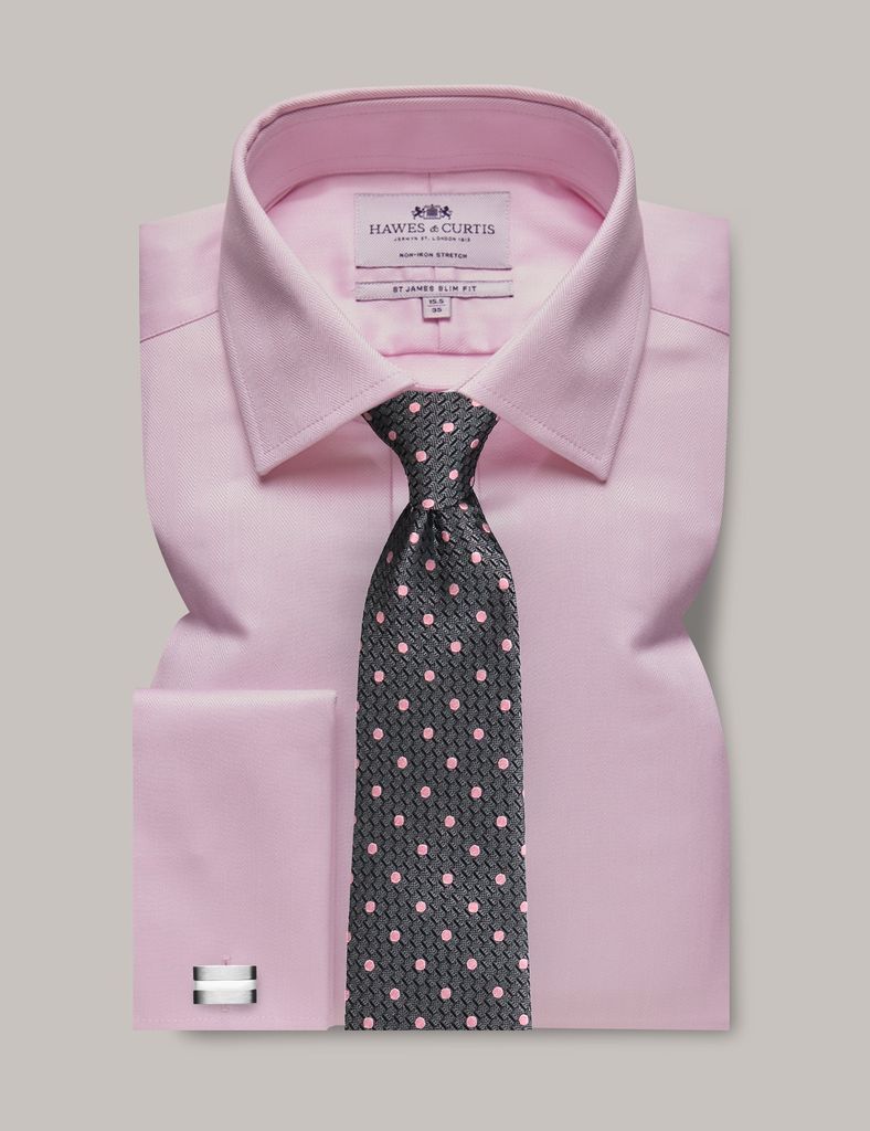 Non-Iron Pink Herringbone Slim Stretch Shirt - Double Cuff