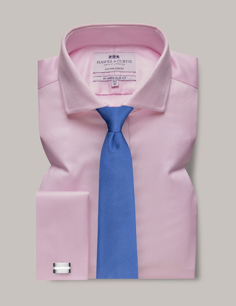 Non-Iron Pink Herringbone Slim Stretch Shirt - Windsor Collar - Double Cuff