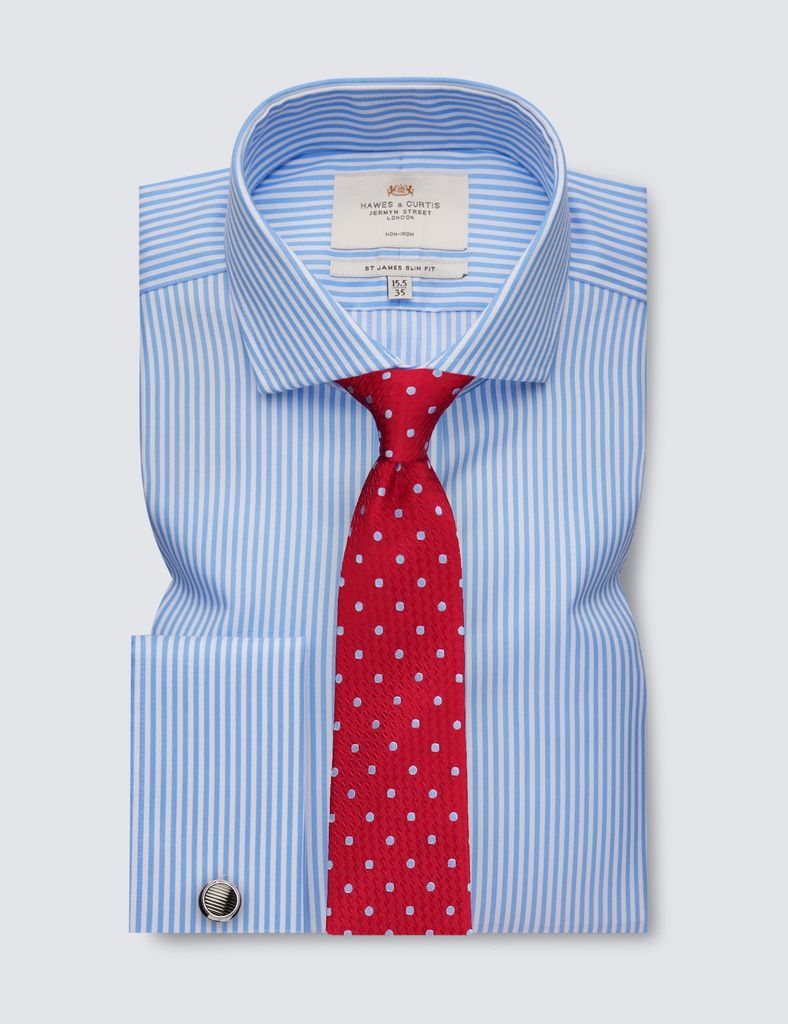 Non-Iron Blue & White Bengal Stripe Slim Fit Shirt With Windsor Collar - Double Cuff