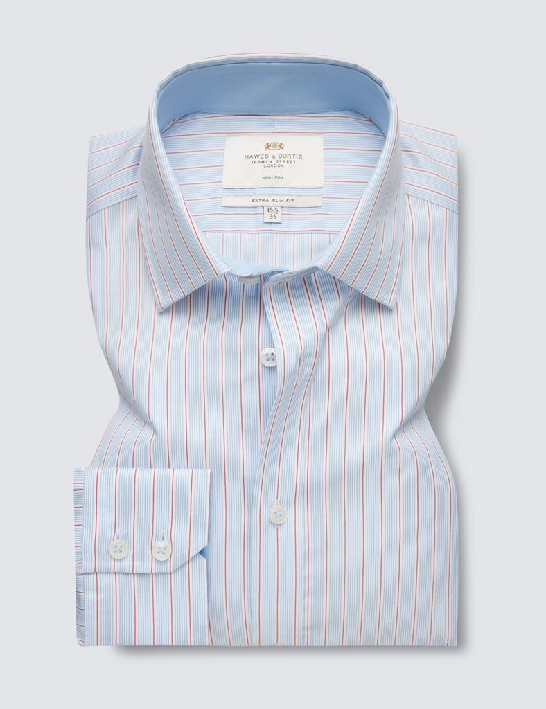 Non-Iron Blue & Red Stripe Extra Slim Fit Shirt - Contrast Detail
