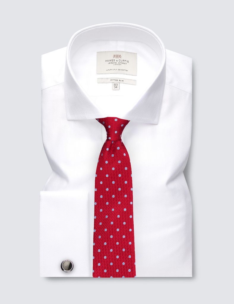 White Herringbone Fitted Slim Shirt - Windsor Collar - Double Cuff
