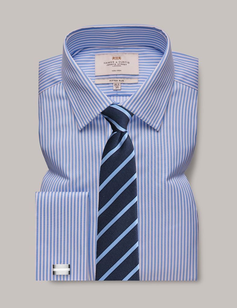 Non-Iron Blue & White Stripe Fitted Slim Shirt - Double Cuff