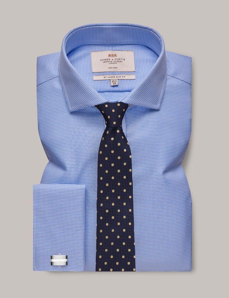 Non-Iron Blue & White Dogtooth Slim Shirt - Windsor Collar - Double Cuff