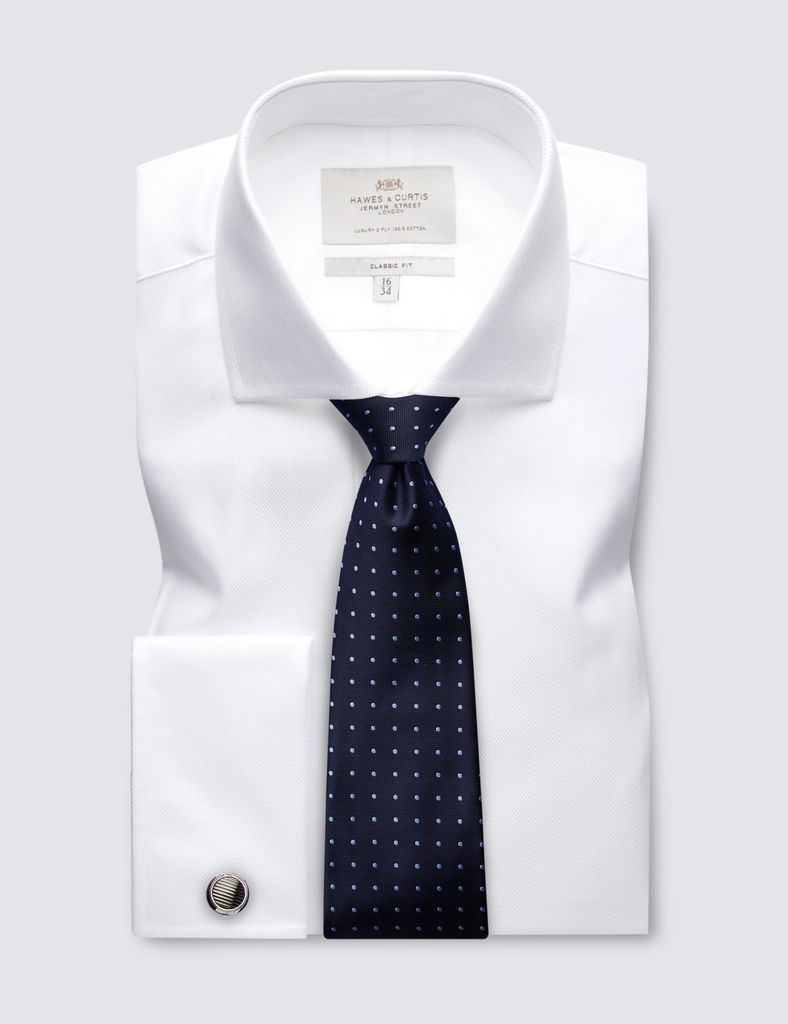 White Herringbone Classic Shirt - Windsor Collar- Double Cuff