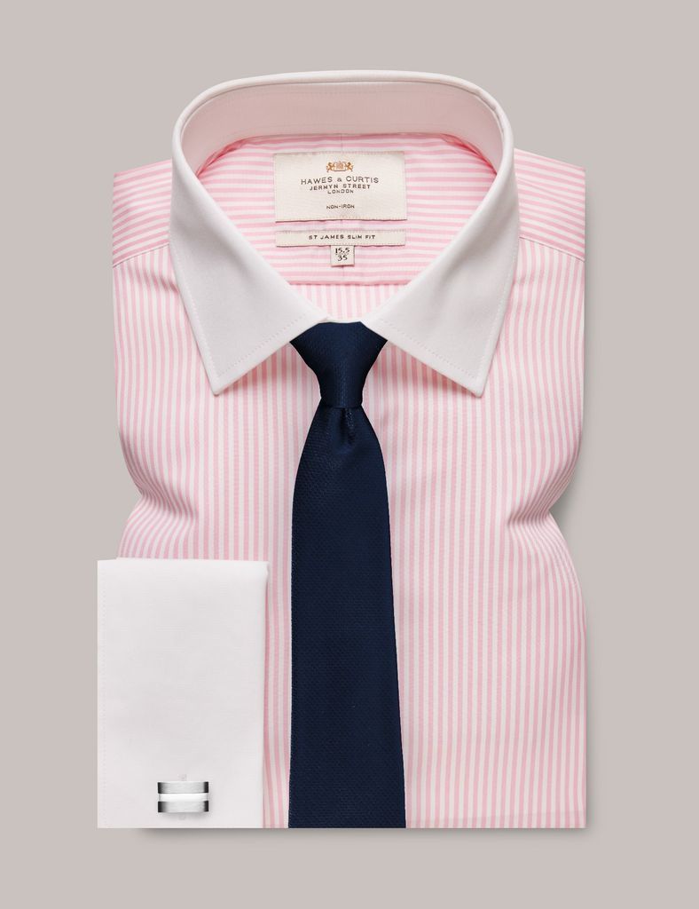 Non-Iron Pink & White Bengal Stripe Slim Shirt with White Collar & Double Cuff