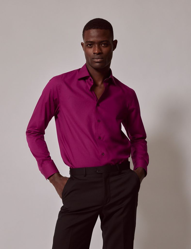 Burgundy Cotton Stretch Slim Shirt With Contrast Detail