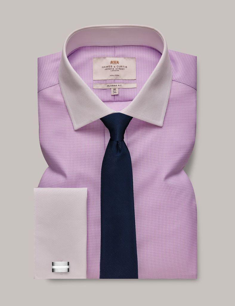 Non-Iron Lilac & White Dogtooth Classic Shirt - White Collar and Double Cuff