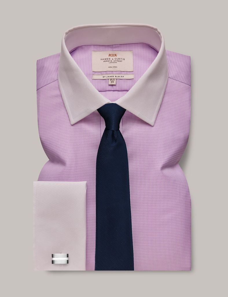 Non-Iron Lilac & White Dogtooth Slim Shirt - White Collar and Cuffs