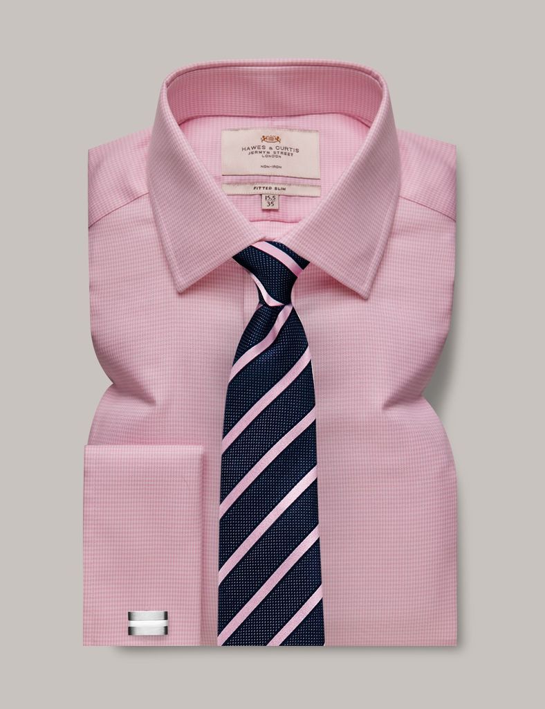 Non-Iron Pink & White Dogtooth Dobby Fitted Slim Shirt - Double Cuff