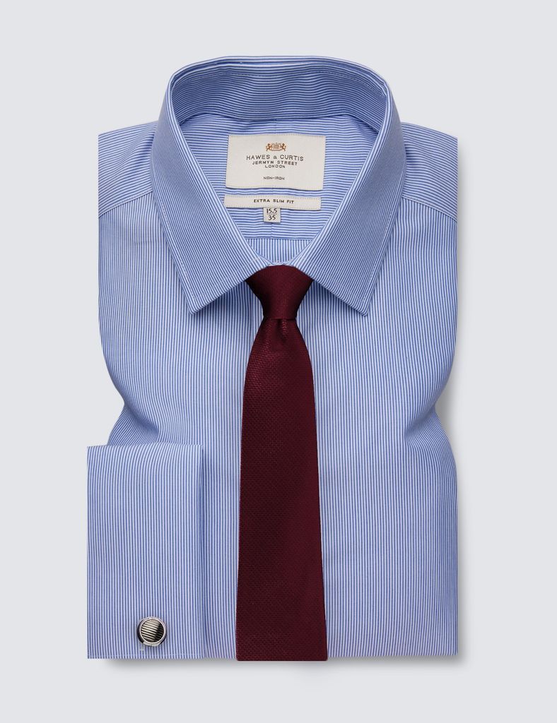 Non-Iron Blue & White Stripe Extra Slim Shirt - Double Cuff