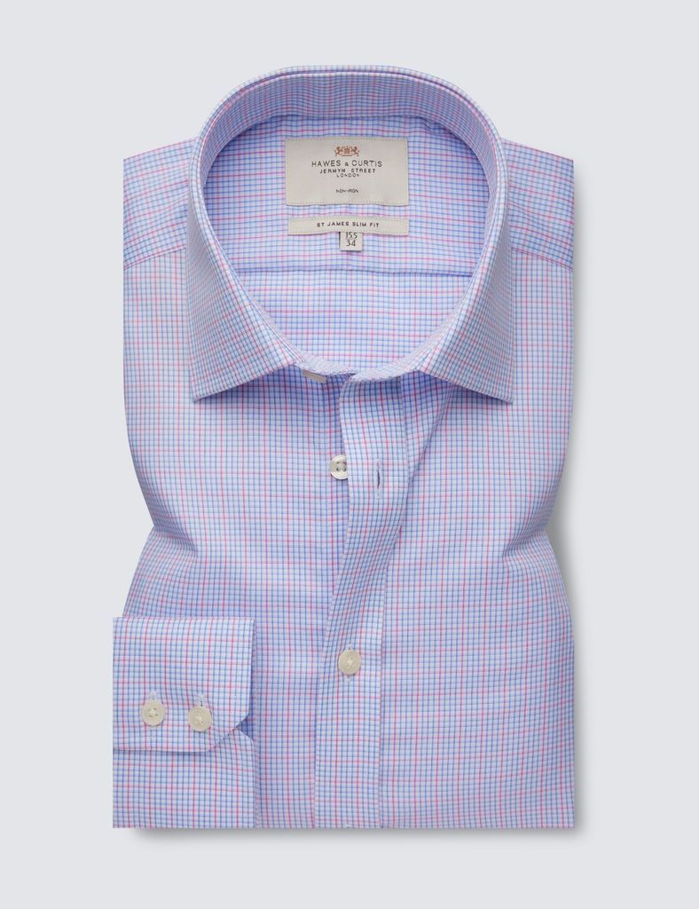 Non Iron Blue & Pink Multi Check Slim Fit Shirt