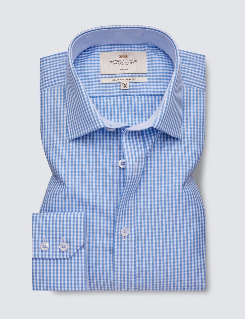 Non Iron Blue & White Gingham Slim Fit Shirt With Contrast Detail