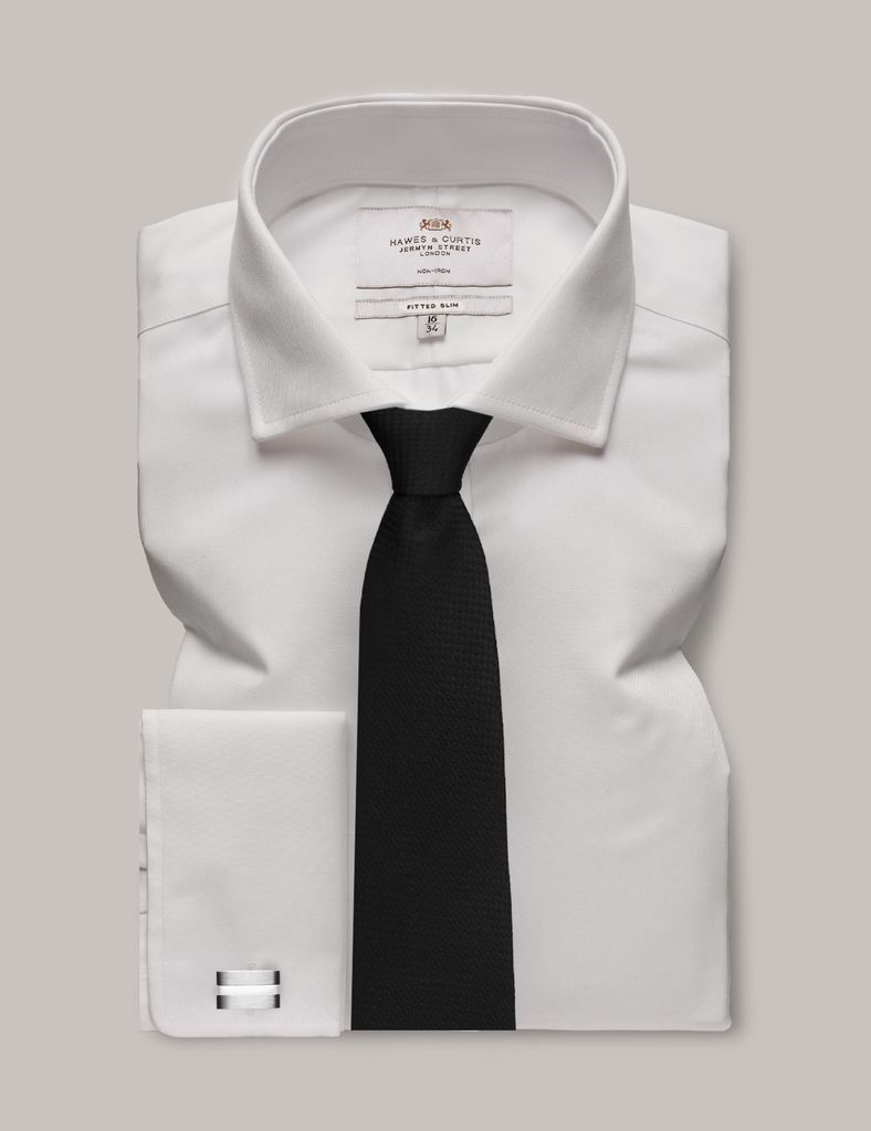 Non-Iron White Twill Fitted Slim Shirt - Windsor Collar - Double Cuff