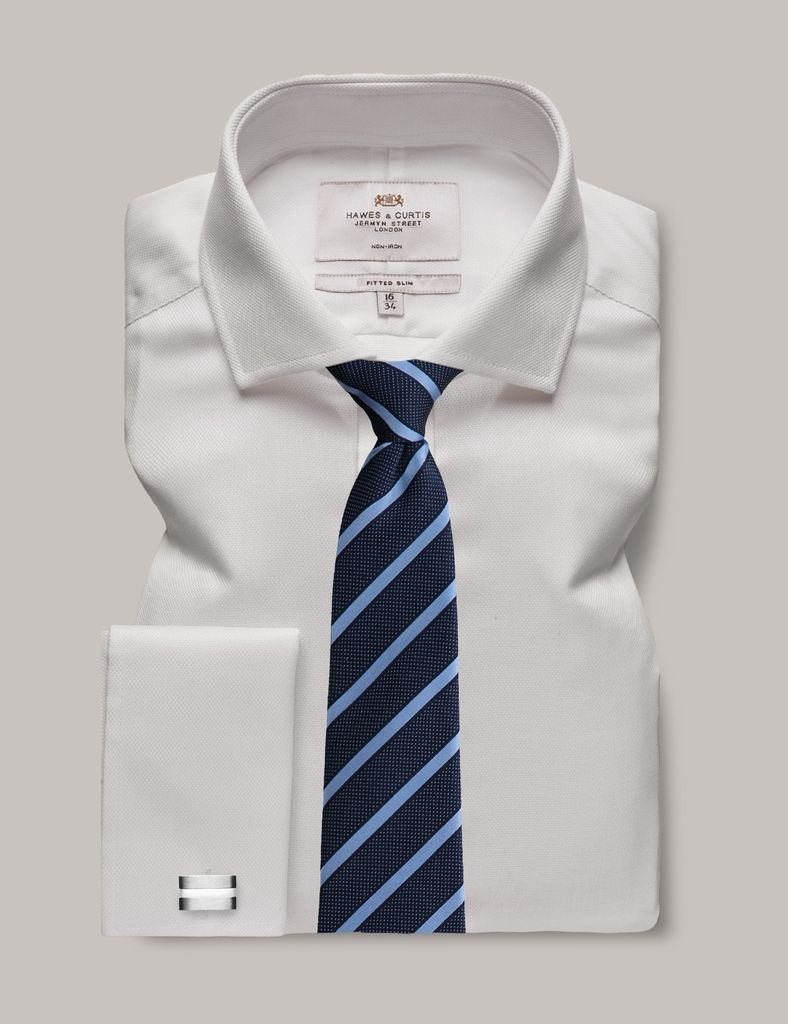 Non-Iron White Pique Fitted Slim Shirt - Windsor Collar - Double Cuff