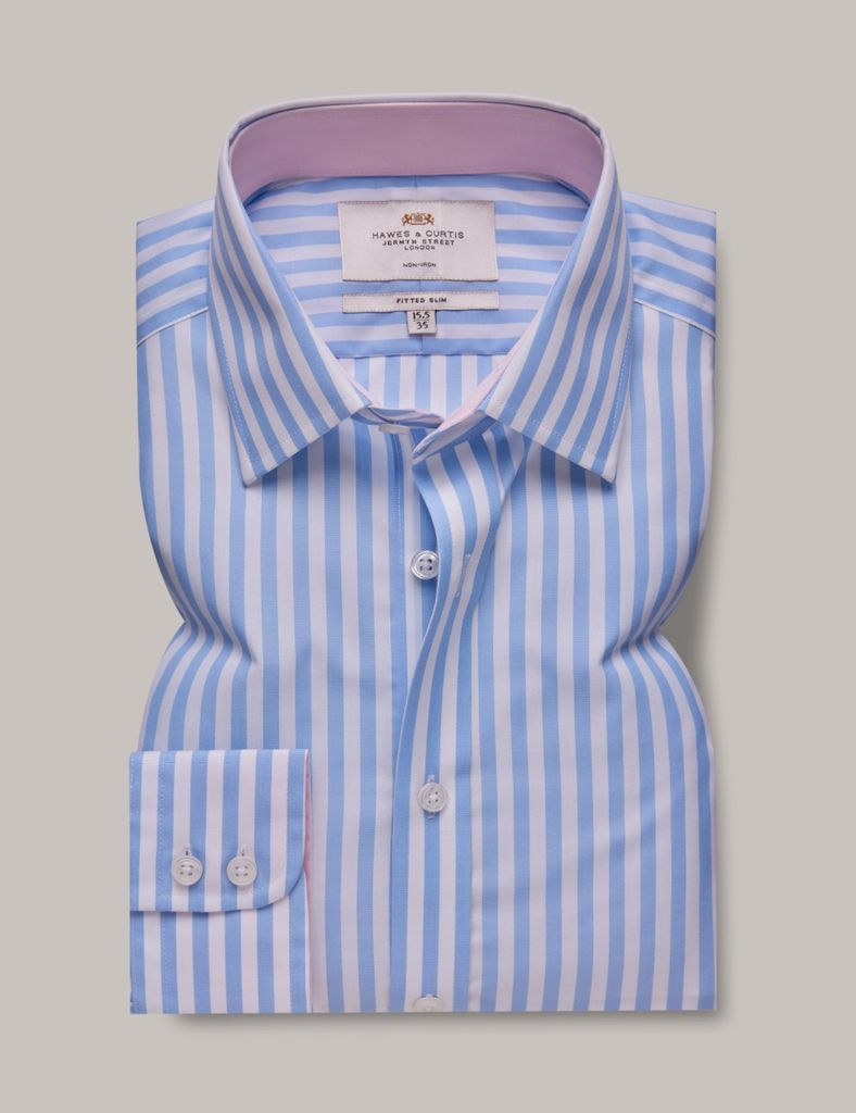 Non-Iron Blue & White Bold Stripe Fitted Slim Shirt With Contrast Detail