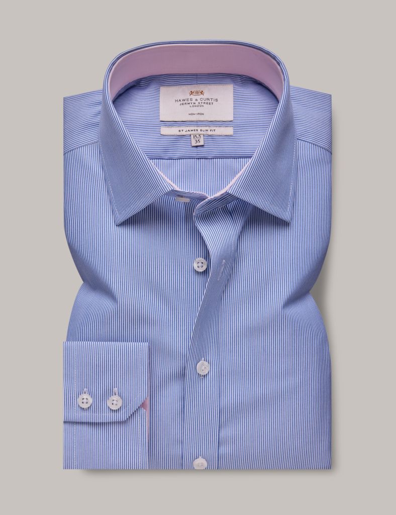 Non-Iron Blue & White Fine Stripe Slim Shirt - Contrast Detail