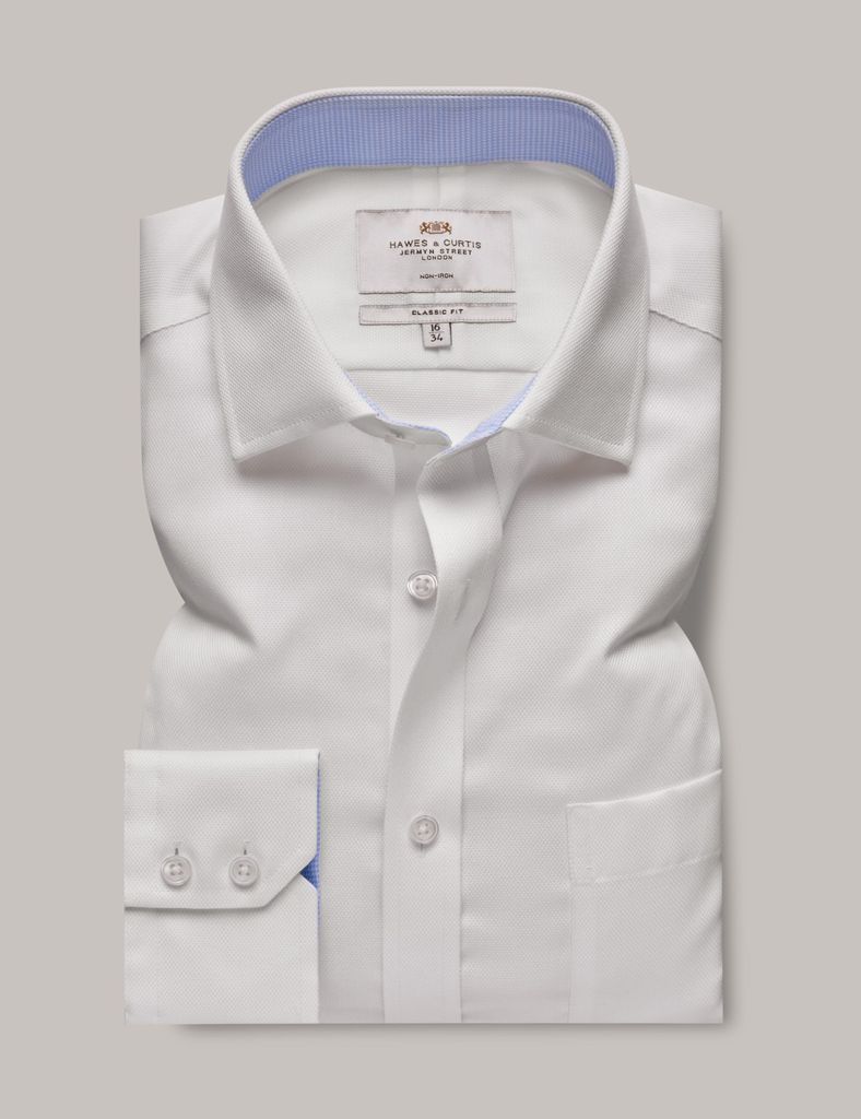 Non-Iron White Pique Classic Shirt With Contrast Detail & Breast Pocket