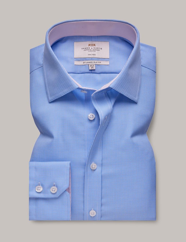 Non-Iron Blue & White Dogtooth Slim Shirt - Contrast Detail