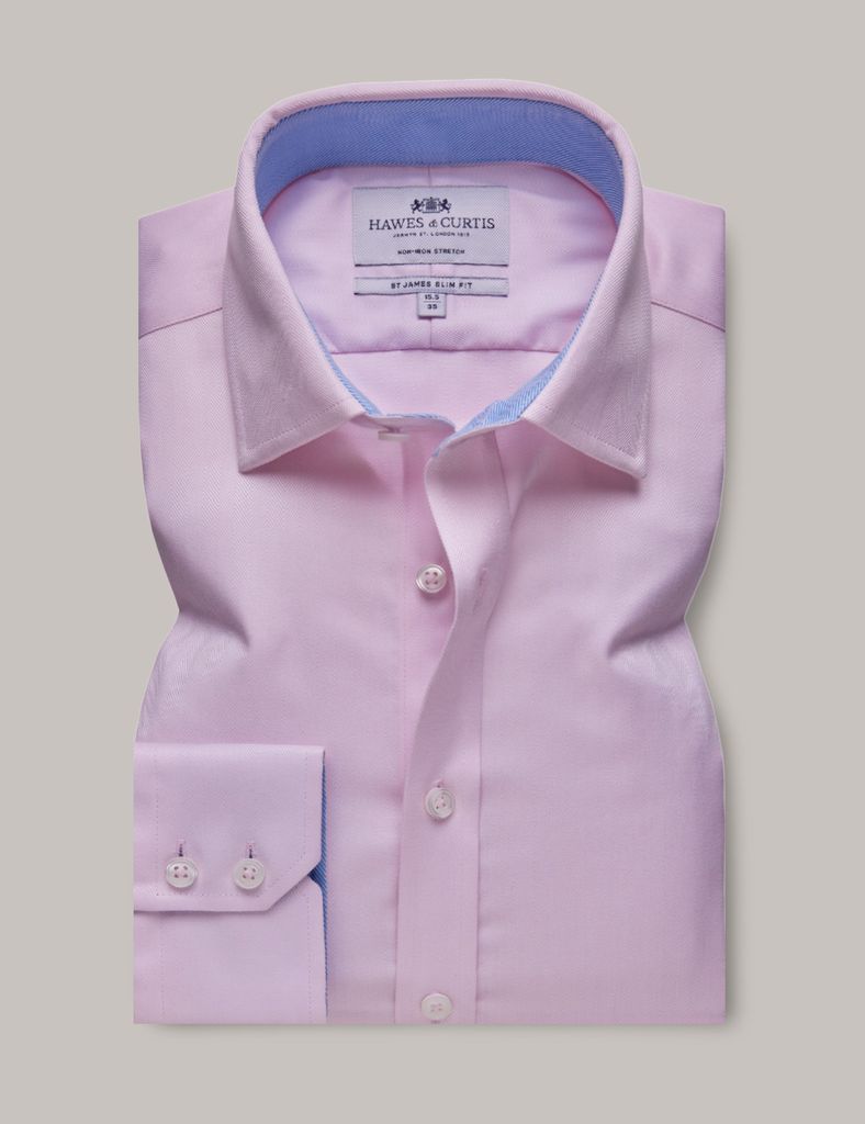 Non-Iron Pink Herringbone Slim Shirt - Contrast Detail
