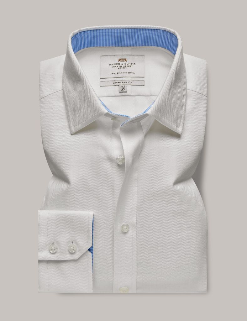 White Herringbone Extra Slim Shirt With Contrast Detail