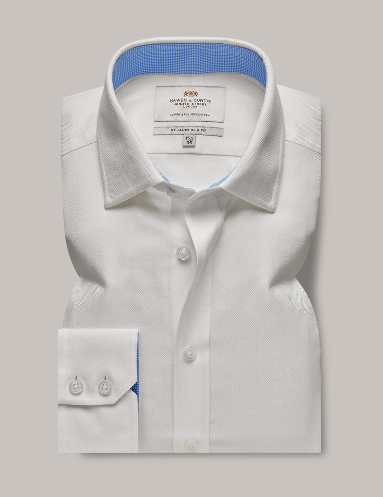 White Herringbone Slim Fit Shirt - Contrast Detail