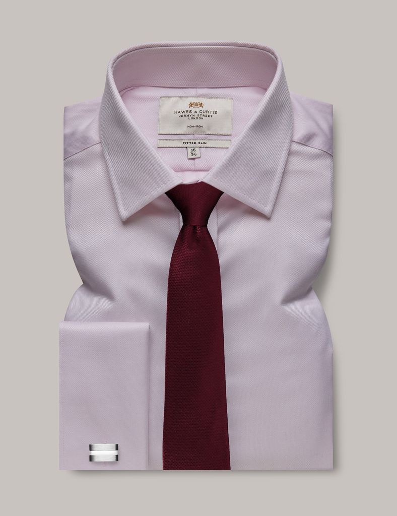 Non-Iron Pink Pique Fitted Slim Shirt - Double Cuff