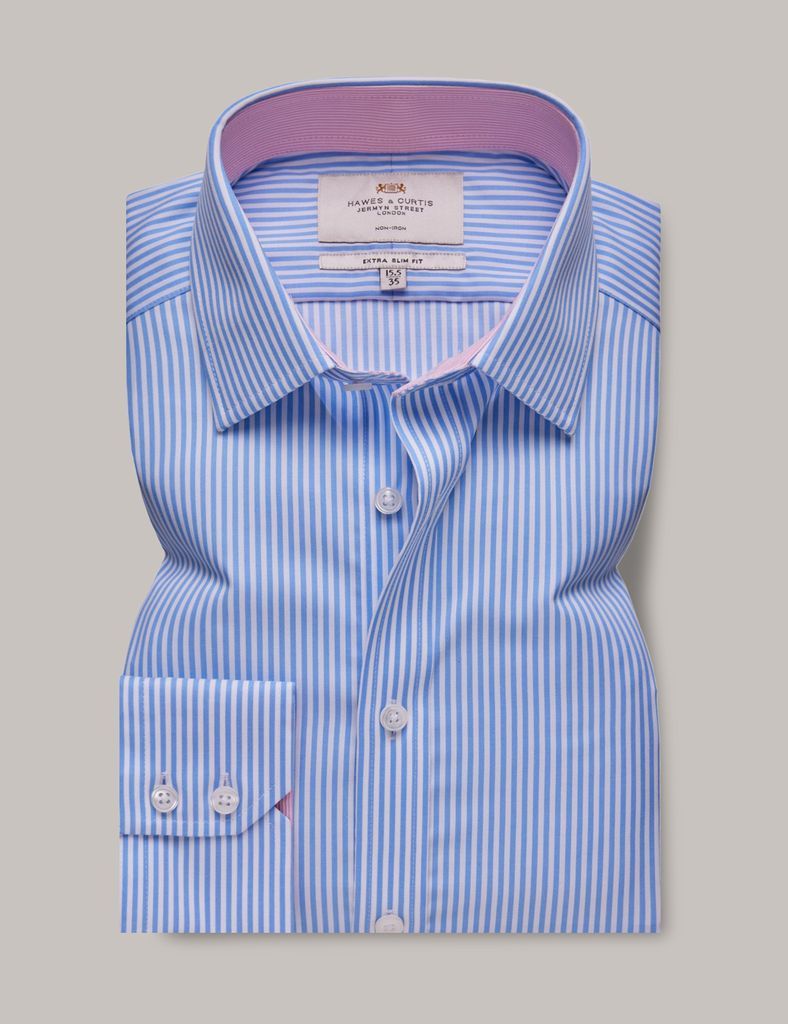 Non-Iron Blue & White Bengal Stripe Extra Slim Shirt With Contrast Detail