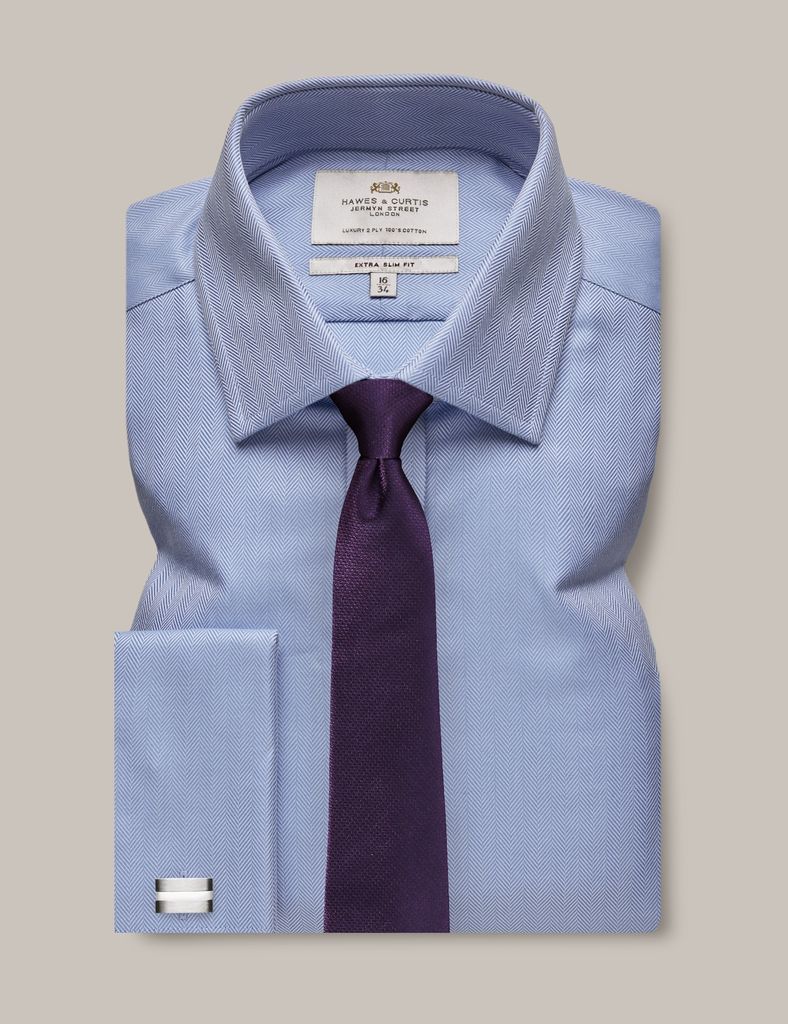 Blue Herringbone Extra Slim Fit Shirt - Double Cuffs