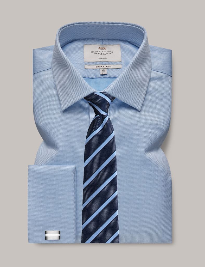 Non-Iron Blue Pique Extra Slim Fit Shirt - Double Cuff