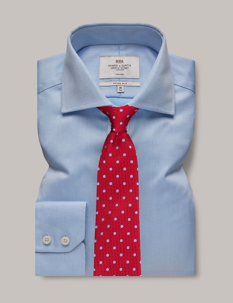 Non-Iron Blue Pique Fitted Slim Shirt - Windsor Collar