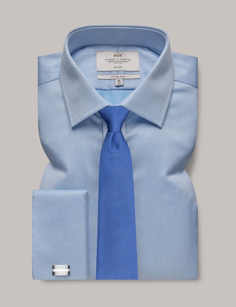 Non-Iron Blue Pique Fitted Slim Shirt - Double Cuff