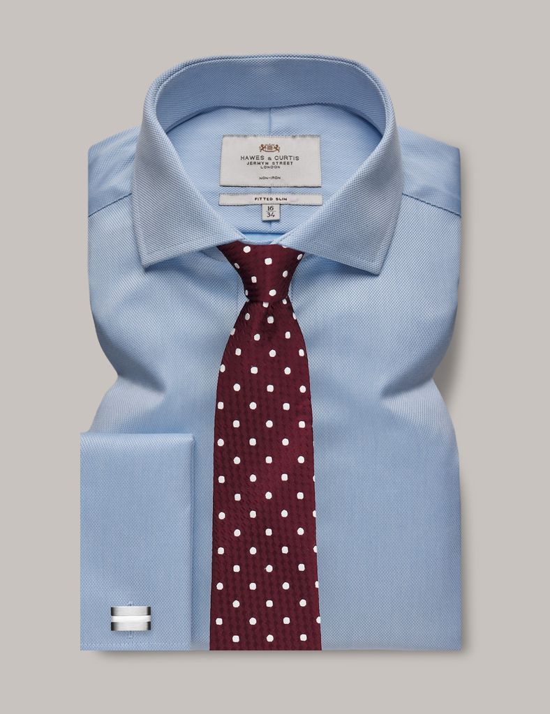 Non-Iron Blue Pique Fitted Slim Shirt - Windsor Collar - Double Cuff