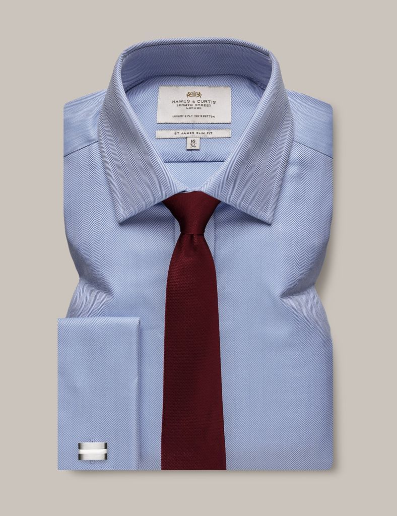 Blue Herringbone Slim Shirt - Double Cuff