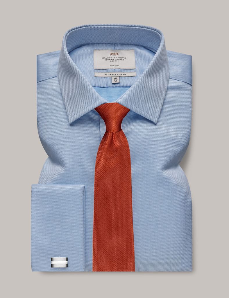 Non-Iron Blue Pique Slim Shirt - Double Cuff
